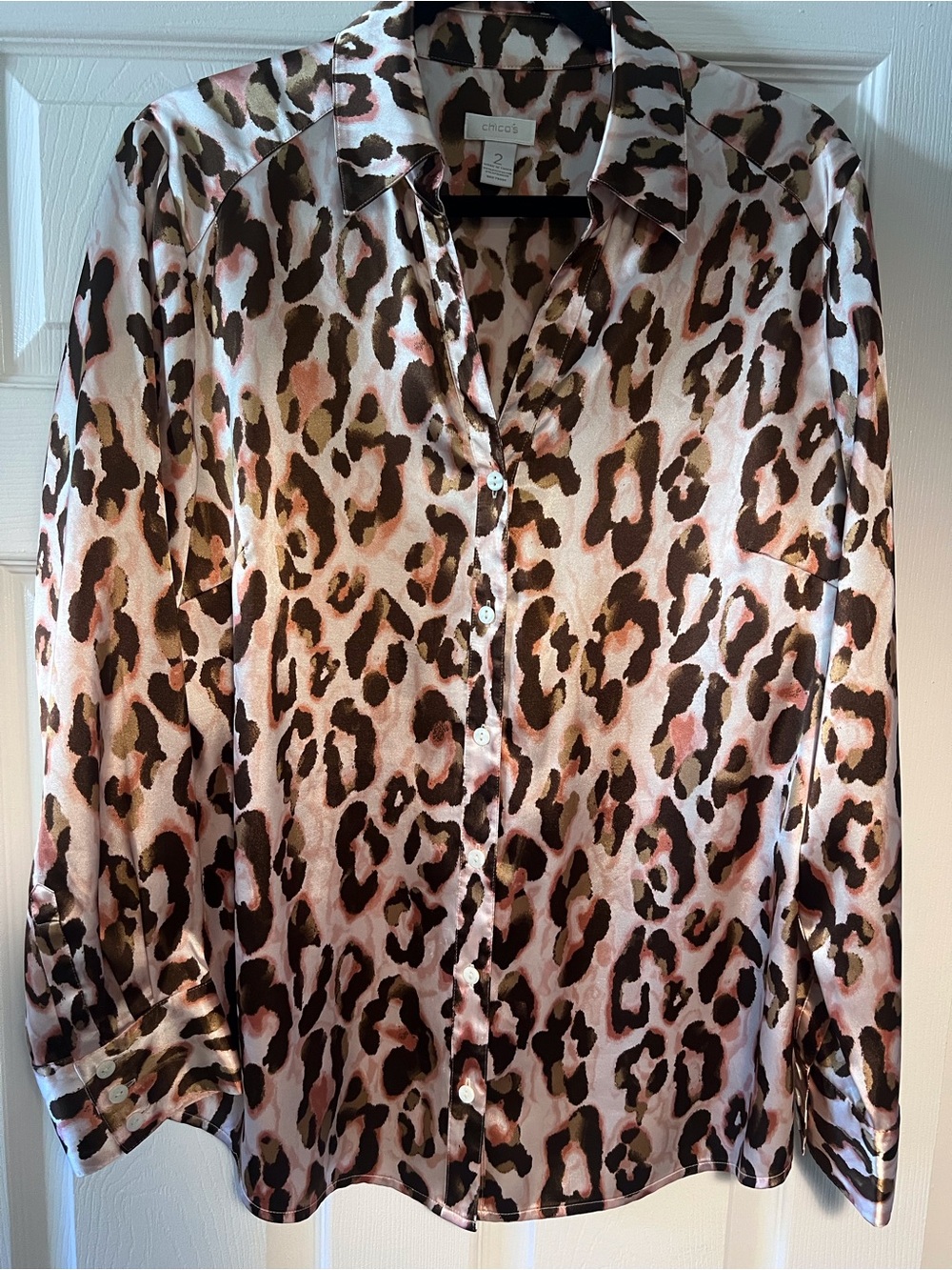 Chico's Pink and Brown Leopard Satin Button-Down Shirt